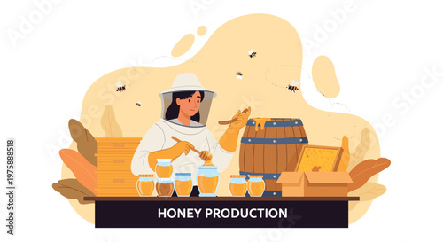 Professional beekeeper in a protective suit collecting organic honey from hives in jars for local honey production.