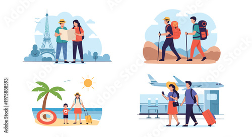 Four scenes of people enjoying different travel activities including hiking visiting Paris beach vacation and flying.
