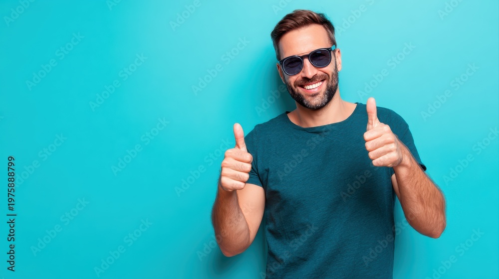 Fototapeta premium Smiling man wearing sunglasses giving thumbs up gestures against bright solid blue background, casual dark teal t-shirt, cheerful mood, lifestyle concept, summer vibe, positive attitude, happiness.