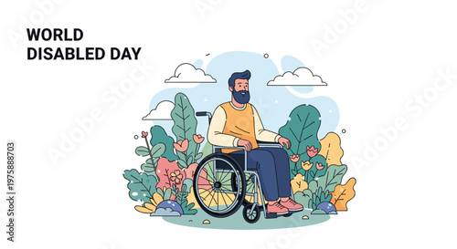 Happy bearded man in a wheelchair enjoying nature in a beautiful colorful garden for World Disabled Day celebration.