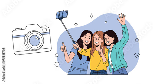 Three cheerful friends taking a selfie with a smartphone and stick in front of a giant camera icon.