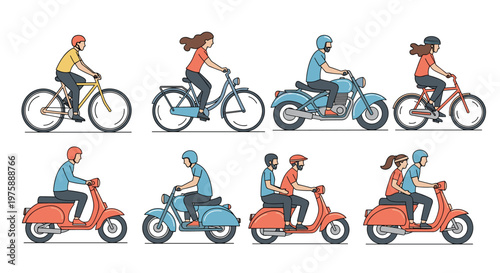 Collection of people riding various two wheeled vehicles including bicycles scooters and motorcycles for urban transportation.
