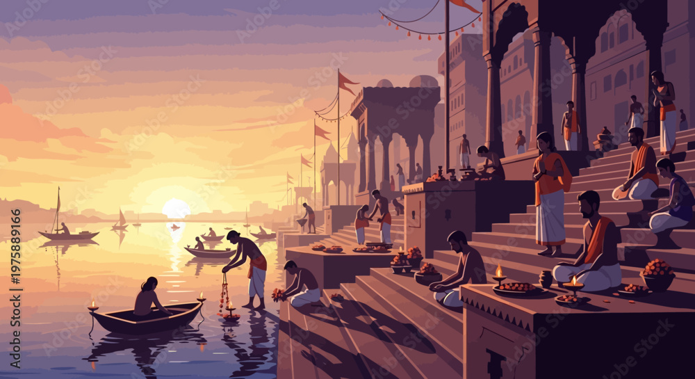 Naklejka premium People performing daily rituals on ancient river ghats at dawn