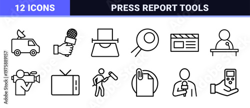 Journalism and mass media outline icons for news and broadcasting