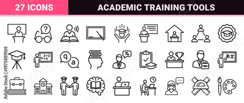 Education and teaching minimalist thin line icon set