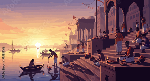 People performing daily rituals on ancient river ghats at dawn