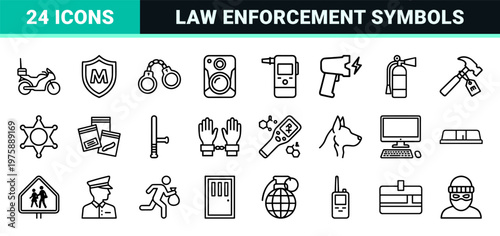 Law enforcement and public safety thin line icon set