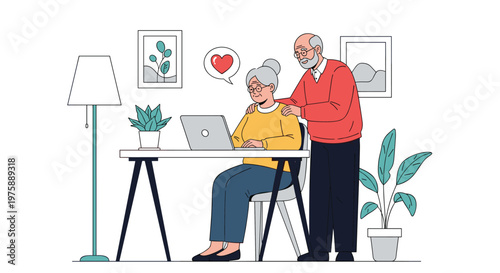 Elderly couple enjoying time together at home while using a laptop computer at a desk with plants and warm decor items.