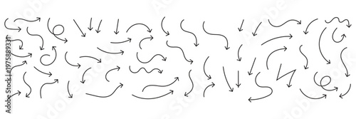 Squiggly arrows doodle set. Curve and Spiral comic symbols in sketch style. Hand drawn vector illustration isolated on white background