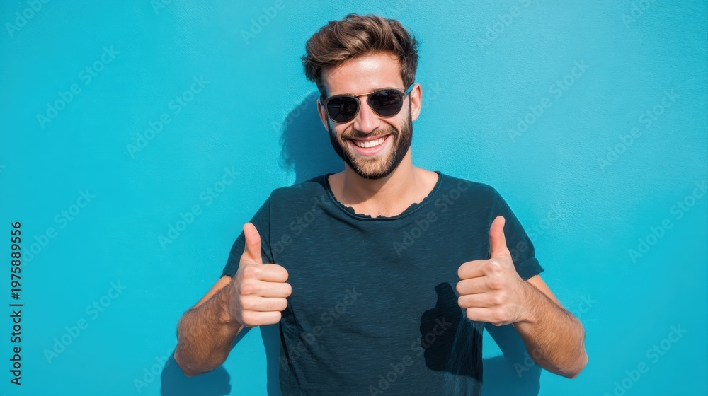 Naklejka premium Smiling man wearing sunglasses giving thumbs up gestures against bright solid blue background, casual dark teal t-shirt, cheerful mood, lifestyle concept, summer vibe, positive attitude, happiness.