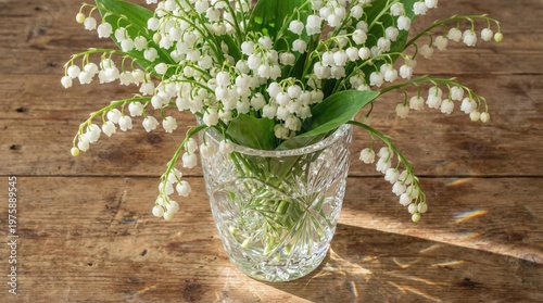 Lily of the valley muguet flowers in a crystal vase on rustic wooden table, sunlight casting soft shadows, showcasing delicate white blooms and lush green leaves