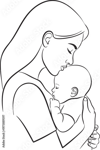 Mother kissing baby on forehead line art illustration with forehead, minimalist