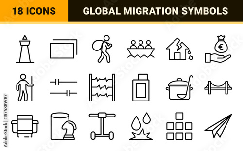 Refugee and humanitarian aid line icon set with minimalist symbols