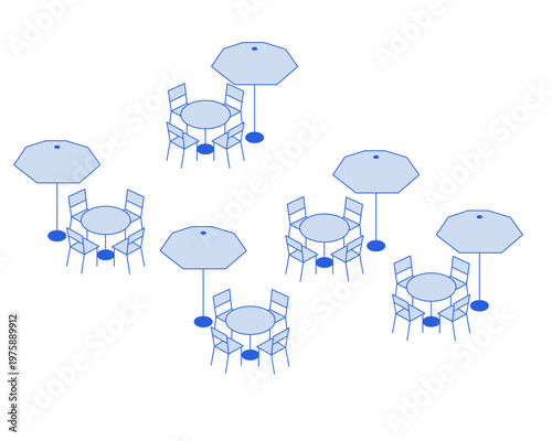Blue Isometric Restaurant Patio Design with Umbrellas and Garden Chairs on a Transparent Background.