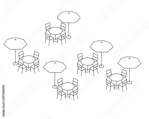 Line Art Isometric Cafe Veranda Furniture Set Outdoor Seating Outline on a Transparent Background.