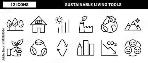 Sustainability and renewable energy minimalist thin line icon set