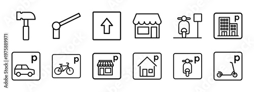 Minimalist urban parking and mobility line icons set