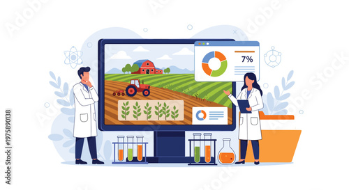 Two agricultural scientists in lab coats analyzing farm data and crop growth statistics on a large digital screen in a lab.