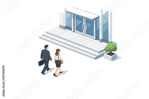 Isometric vector business people walking toward a skyscraper entrance, 