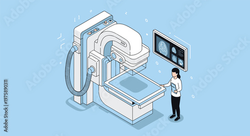 Female medical technician standing next to a large modern medical imaging scanner inside a bright clinical hospital room.