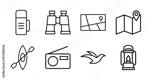 Minimalist outdoor camping and adventure line icon set