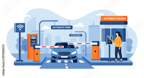 Blue car entering an automatic parking garage with barrier gates while a woman uses a ticket payment machine nearby.
