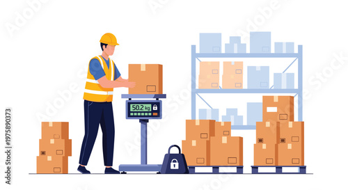 Warehouse worker in a yellow safety vest and helmet weighing a cardboard box on a digital scale for shipping logistics.