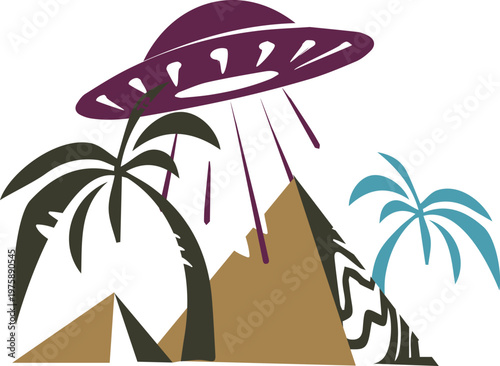 UFO alien spaceship hovering over Egyptian pyramids and palm trees vector