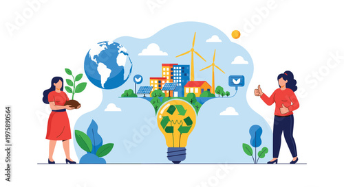 Two women working together to promote environmental sustainability and green city solutions with a large eco lightbulb.