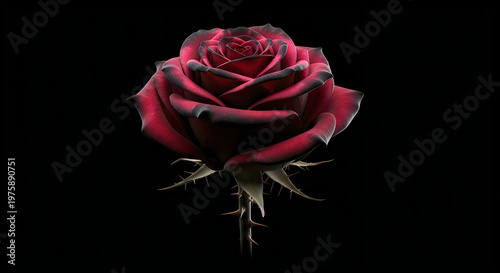 A stunning close-up of a single red rose with thorns on a black background, Perfect for romantic and elegant designs