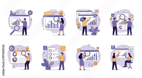 Collection of eight small scenes showing people interacting with data charts and graphs for business research and strategy.