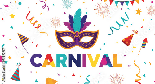Colorful festive carnival mask with feathers surrounded by party hats, confetti, and fireworks for celebration events.