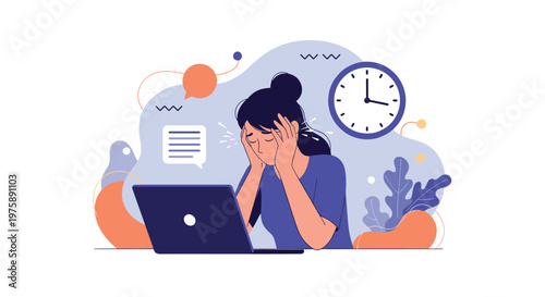 Stressed woman sitting at her laptop in an office with her head in her hands feeling exhausted and under pressure.