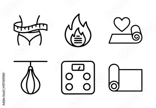 Black minimalist fitness and gym workout outline icons set