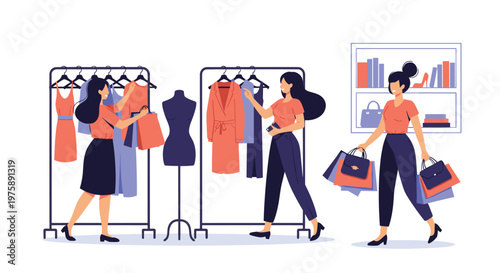 Group of fashionable women browse clothes on racks and carry shopping bags inside a modern boutique retail environment.