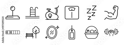 Health and wellness lifestyle outline icons for fitness and nutrition