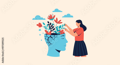 Woman carefully nurturing vibrant flowers growing out of a cracked human head representing mental growth and self-care.
