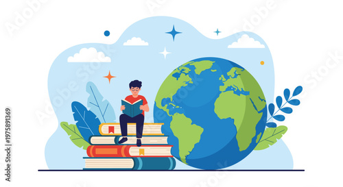 Student sitting on a stack of books while reading an open book next to a large globe representing global education.