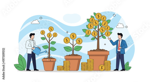 Businessmen watering and cultivating money trees with gold coins in pots to represent financial growth and investment.