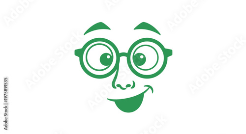 Funny cartoon face with glasses and tongue out, green color, white background, illustration