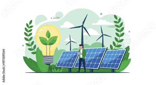 Professional technician monitoring green energy production from solar panels and wind turbines with a light bulb icon.