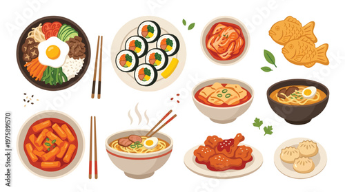 Korean Food Set Kimbap Kimchi Bibimbap Flat Vector Illustration