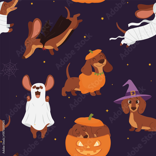 Seamless Halloween pattern with cute dachshund dogs in costumes, pumpkin, ghost and bat on purple background. Vector illustration