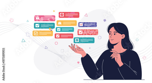 Young woman interacting with a floating digital interface of email and message notifications on a stylized background.