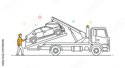 Tow truck operator loading a broken down sedan onto a flatbed truck for transportation to a repair shop or garage.
