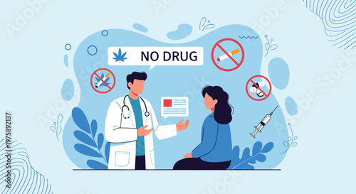 Medical doctor in a white coat advising a female patient about drug prevention and healthy lifestyle choices.