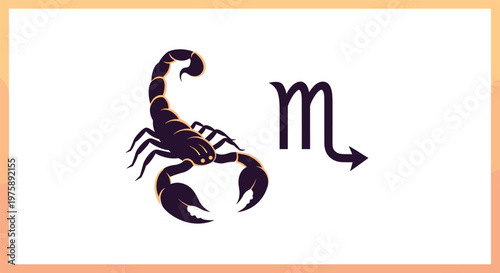 Illustration of a scorpion next to the astrological Scorpio symbol on a clean white background with a border.