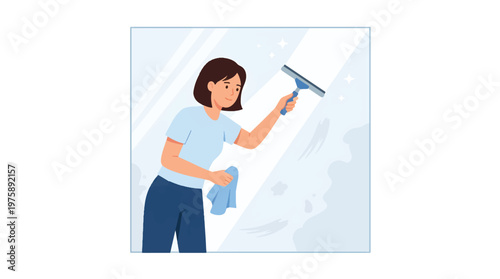 Person Cleaning Glass Window Wiping Surface Flat Vector Illustration