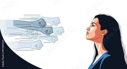 Brave woman standing firm and facing a barrage of oncoming fists representing courage against social pressure or abuse.