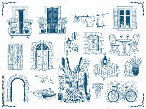 Hand-drawn Mediterranean vector collection of architecture and lifestyle: balconies, streets, windows, doors, cafes, bikes, plants, boats. Perfect for travel, city, coastal, and vintage design